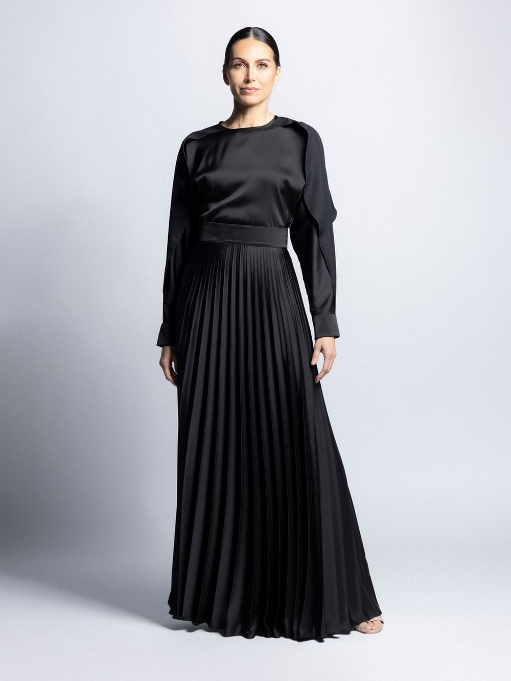 Benito Santos Pleated Dress with Black Ruffled Sleeves size Large